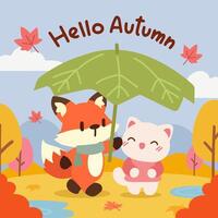 Fox and Cat Enjoying Autumn with a Leaf Umbrella. Cute Autumn Illustration of Fox and Cat in a Fall Forest. vector