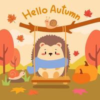 Cute Hedgehog and Snail Enjoying Autumn Scene with Pumpkins. Autumn Illustration with Hedgehog on Swing and Snail Under Fall Leaves. vector