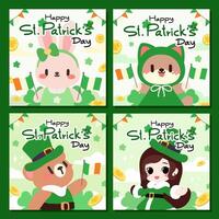 Adorable St. Patrick's Day Illustrations with Bunny, Bear, and Girl. Cute St. Patrick's Day Animal Characters with Irish Flags. vector