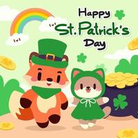 Kawaii St. Patrick s Day Fox and Cat Illustration. Adorable St. Patrick s Day Characters with Rainbow and Gold Pot. vector