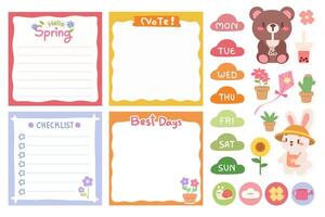 Springtime Memo and Checklist with Cute Kawaii Bear and Bunny. Perfect for Organizing Weekly Schedules, Checklists, and Notes. vector