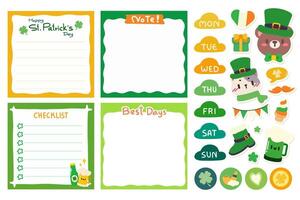 St.Patrick's Day Memo Set. St.Patrick's Day themed memo set includes adorable planner stickers featuring cute characters like a bear and cat in leprechaun hats, a checklist, and memo sheets. vector