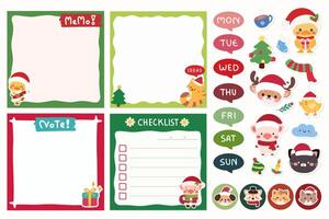 Cute Christmas Memo And Checklist Set Featuring Adorable Cartoon Characters Like Reindeer, And Animals. Includes Memos, Weekly Planner, Stickers And Decorative Elements. vector