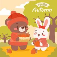 Cute Bear and Bunny Collecting Acorns in Autumn. Adorable Autumn Forest Scene with Bear and Bunny. vector