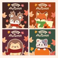 Hello Autumn With Cute Animal Friends with Fall Leaves. Autumn Vibes with Deer, Fox, Hedgehog and Cat. vector