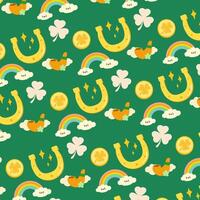 Kawaii St. Patrick s Day Pattern with Horseshoes and Shamrocks. Festive Irish Lucky Horseshoe and Shamrock Pattern for St. Patrick s Day. vector
