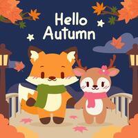 A cute fox and deer strolling together under a crisp night sky, surrounded by glowing lampposts and falling leaves. vector