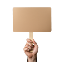 Close up of a hand holding a blank cardboard sign on a stick, isolated on a transparent background png