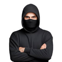 Man in a black hoodie with a face mask, arms crossed, isolated on a transparent background png