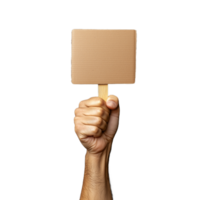 Hand holding a blank cardboard sign in front, isolated on a transparent background png