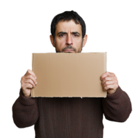 Man holding a blank cardboard sign with serious expression, standing against a transparent background png