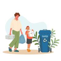 Woman with child throwing out paper waste, sorting garbage. Boy help mother separating trash to promote cleanliness, sustainability. illustration for environment and ecology protection concept vector