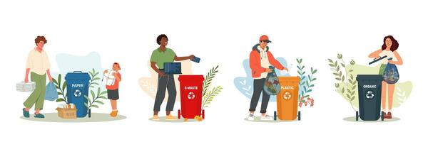 Set of people throwing out waste, sorting garbage. Men and women separating trash to promote cleanliness. illustrations for environment. Ecology protection concept. Characters segregating trash vector