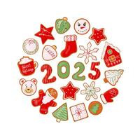 Collection Christmas gingerbread cookies design elements in circle isolated on white background Sweet homemade biscuit of hand painted ginger cake man, snowflakes, snowman and sock, tree, home vector