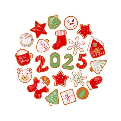 Collection Christmas gingerbread cookies design elements in circle isolated on white background Sweet homemade biscuit of hand painted ginger cake man, snowflakes, snowman and sock, tree, home