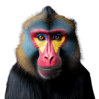 Close up of a mandrill looking forward, showing its colorful face, on a transparent background png