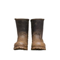 Pair of worn muddy boots on a transparent background symbolizing farm work and agriculture png