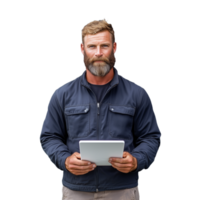 Bearded man in a jacket holding a tablet on a transparent background symbolizing modern agriculture and technology png