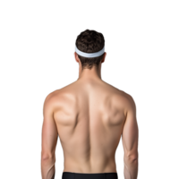 Back view of a shirtless man with a headband, showing muscular shoulders, isolated on a transparent background png
