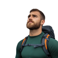 Man in green hiking gear with a backpack looking upwards on a transparent background symbolizing adventure and exploration png