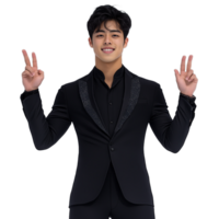 Young man in black suit smiling and making peace signs on a transparent background symbolizing positivity and fun png