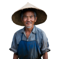 Older farmer with straw hat and apron smiling on a transparent background symbolizing rural life and agriculture png