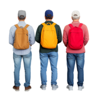 Three men wearing backpacks, standing with their backs to the camera, isolated on a transparent background png