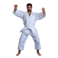 Martial artist in a white karate uniform, standing in a fighting stance, isolated on a transparent background png