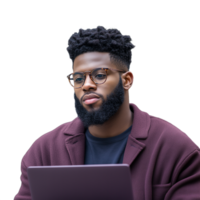 Man with glasses and beard, focused and working on a laptop, wearing a maroon sweater, isolated on a transparent background png