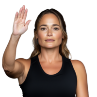 Confident woman raising her hand in a black tank top on a transparent background symbolizing leadership and empowerment png
