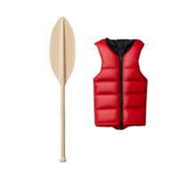 Red life vest and wooden paddle on a transparent background symbolizing water sports and safety png