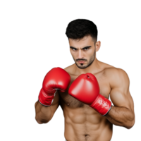Muscular boxer in red gloves with a determined pose on a transparent background png