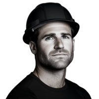 Black and white portrait of a serious man in a hard hat on a transparent background symbolizing work and industry png