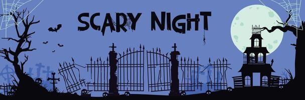 Illustration of a spooky night scene with a house, cemetery gate and full moon. Perfect for posters and banners. vector