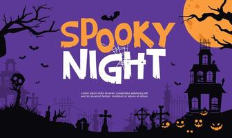 A spooky night scene illustration with a purple background, with a castle , a graveyard and a full moon. Perfect for posters and banners. vector
