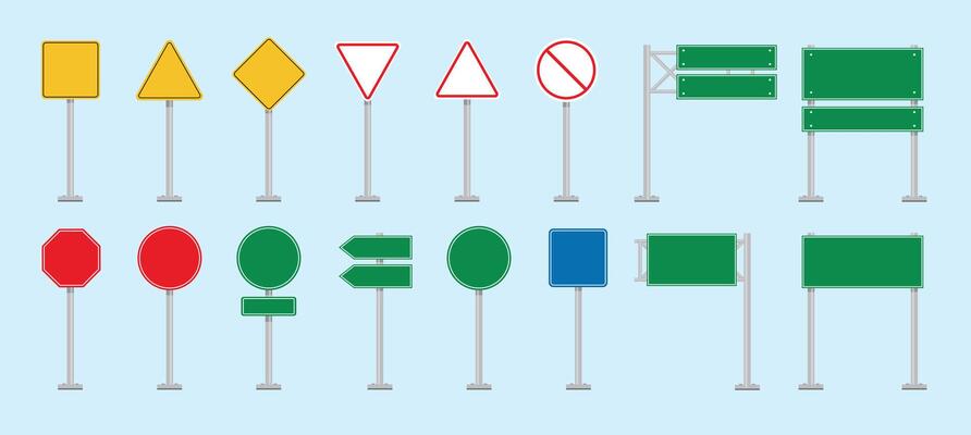 Set of road traffic sign shapes illustrations in various colors on metal poles