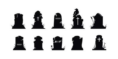 Set of grave icons with gravestones and symbols. Flat illustration of death icons to commemorate someone vector