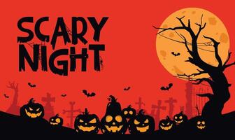 scary Night illustration with red sky, grave, pumpkin and a full moon. Perfect for Halloween posters and banners. vector