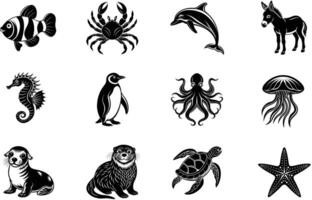 ocean animals are perfect for creating cute, under-the-sea designs with a playful marine vibe silhouette bundle set vector