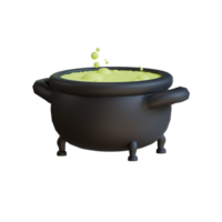 3d render of a black witch cauldron bubbling with a green potion on a transparent background png