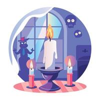 A flat illustration of spooky candles with skull mascots around vector