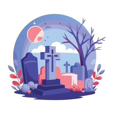 A flat illustration of scary graveyard
