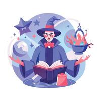 A flat illustration of a mystical character reading a magical book vector