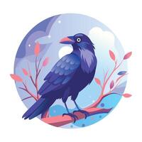 A flat illustration of haunted crow sitting on a branch vector