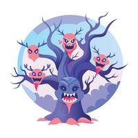 A flat illustration of haunted tree with creepy mascots vector