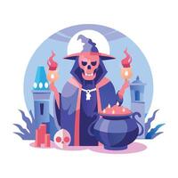 A skull character holding fire chalices in his hands, a flat style illustration vector