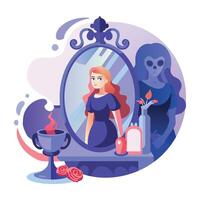 A flat illustration of spooky mirror and a girl reflection on it vector