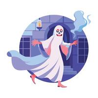 A flat illustration of running spooky character in ghost costume vector