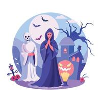 Scary characters standing in graveyard, a flat style illustration vector