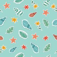 Summer seamless pattern. Summer concept. Background of plants and shells on blue. Hand drawn flat illustration. vector